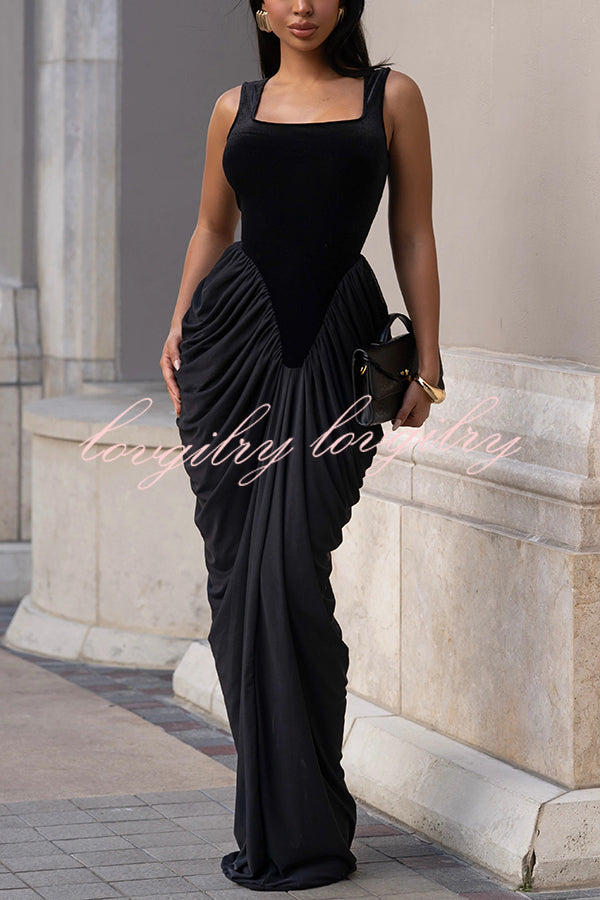 Fashionable Velvet Patchwork Square Neck Sleeveless Draped Maxi Dress