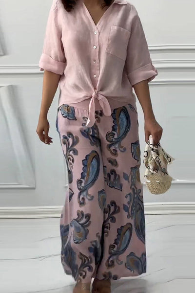 Fashion Lapel Long Sleeve Casual Shirt and Unique Print Elastic Waist Pocket Wide Leg Pants Set