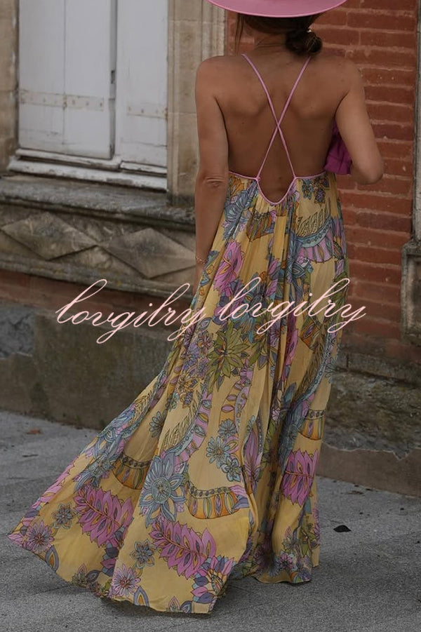 Plant Print Halter Back Loose Holiday Maxi Dress