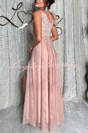 Everlasting Party Sequin Tulle Ruffles Shoulder Design Slit Maxi Dress