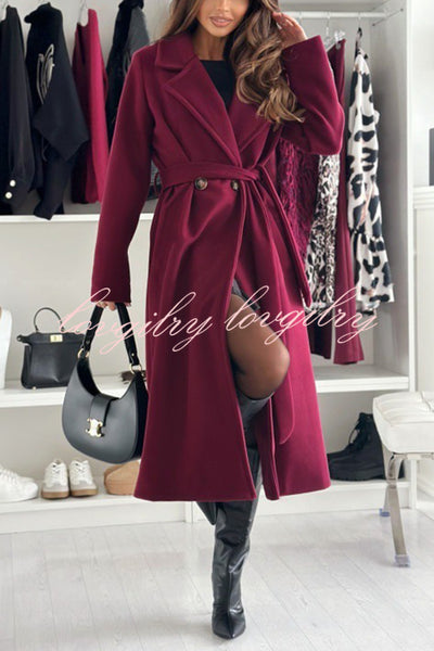 Solid Color Lapel Long Sleeve Waist Tie Long Coat