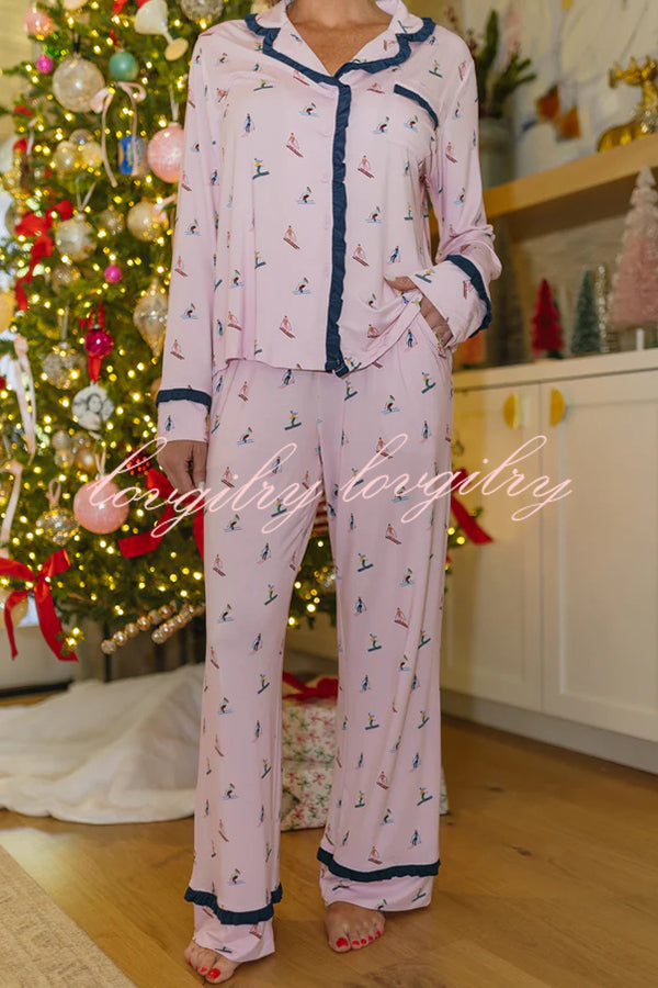 Postcards To Santa Unique Print Ruffles Trim Pocket Shirt and Elastic Waist Pajama Set
