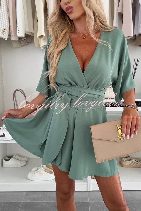 Stylish Comfortable V-neck Wide Sleeve Tie-up Loose Romper