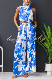 Girls Night Satin Printed High Neck Top and Elastic Tie-up Waist Pocket Wide Leg Pants Set