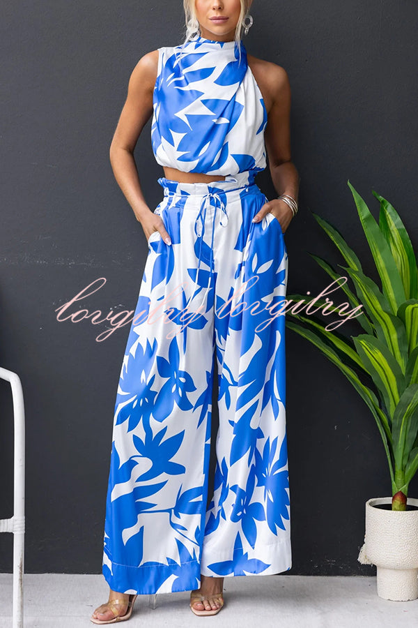 Girls Night Satin Printed High Neck Top and Elastic Tie-up Waist Pocket Wide Leg Pants Set
