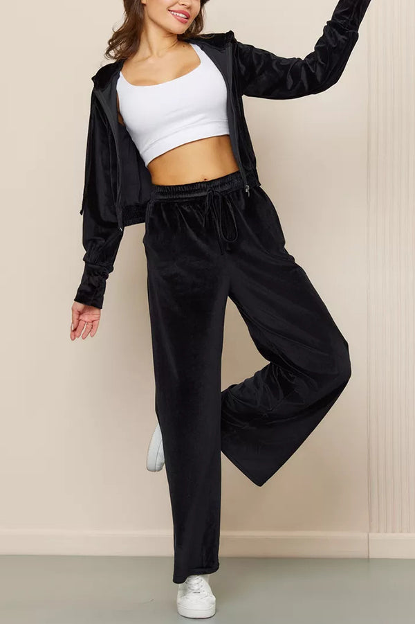 Solid Color Velvet Hooded Zip-up Sweatshirt and Elastic Waist Casual Pocket Straight-leg Pants Set