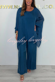 Solid Color Round Neck Loose Bat Sleeve Top and Elastic Waist Wide Leg Pants Set