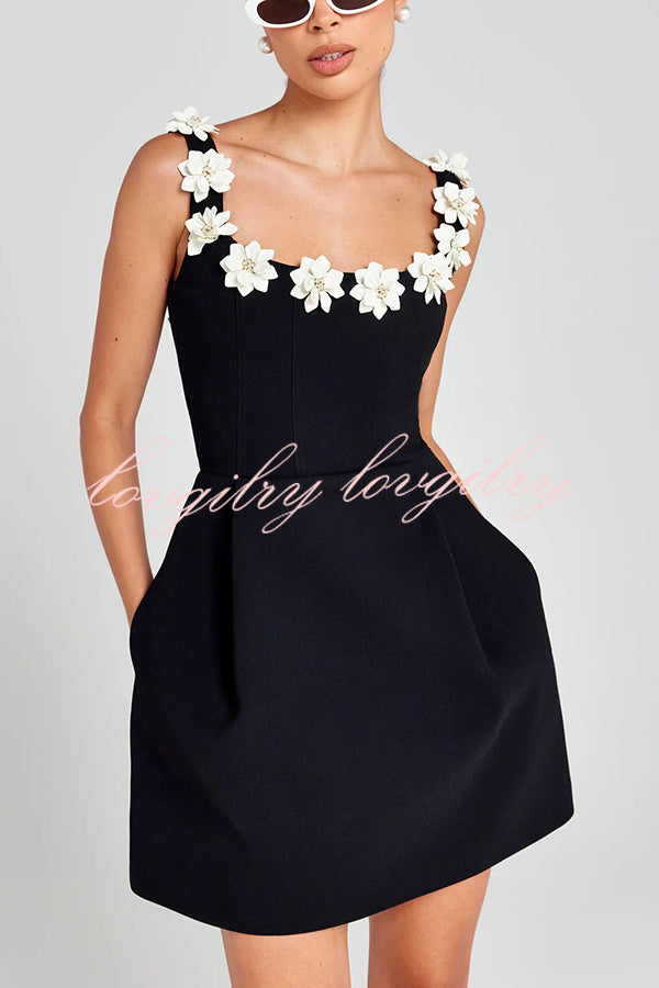 Cindy Faux Pearl Flower Applique Square Neck Pocketed Mini Dress