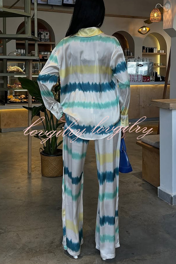 Lizbeth Satin Tie Dye Print Long Sleeve Shirt and Elastic Waist Pocketed Pants Set