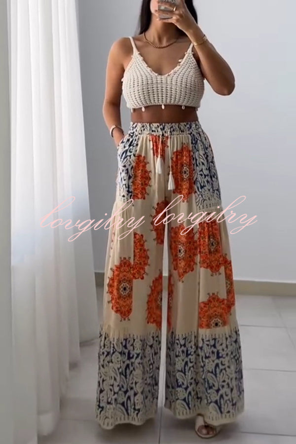 Unique Print Elastic High Waist Tie Pocket Holiday Style Wide Leg Pants