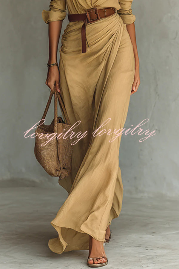 City Sleek Single Breasted Long Sleeve Warp Slit Shirt Maxi Dress