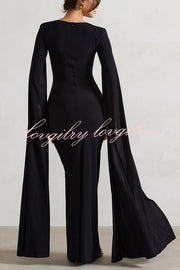 Elegant Goddess Square Neck Twisted Cape Sleeve Slit Maxi Dress