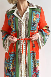 Linen Blend Unique Print Tie-waist Casual Maxi Dress
