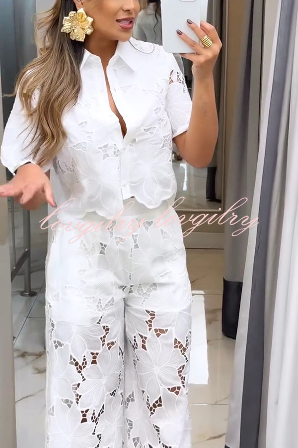 Solid Color Hollow Lace Lapel Short-sleeved Top and Elastic Waist Loose Pocket Pants Set