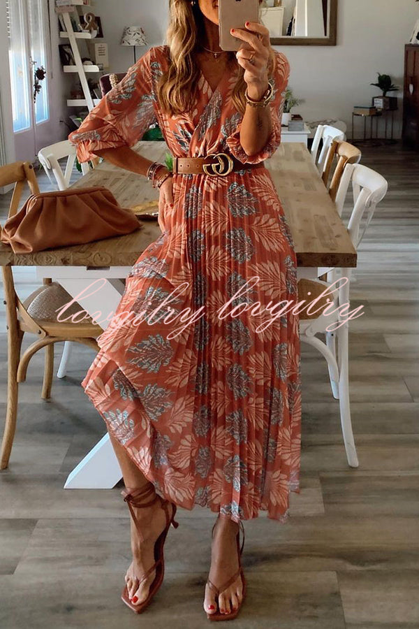 Botanical Print Pleated Long Sleeved Maxi Dress