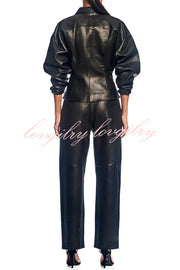 Pop of Brown Faux Leather Double Zipper Detail Balloon Sleeve Lapel Jacket