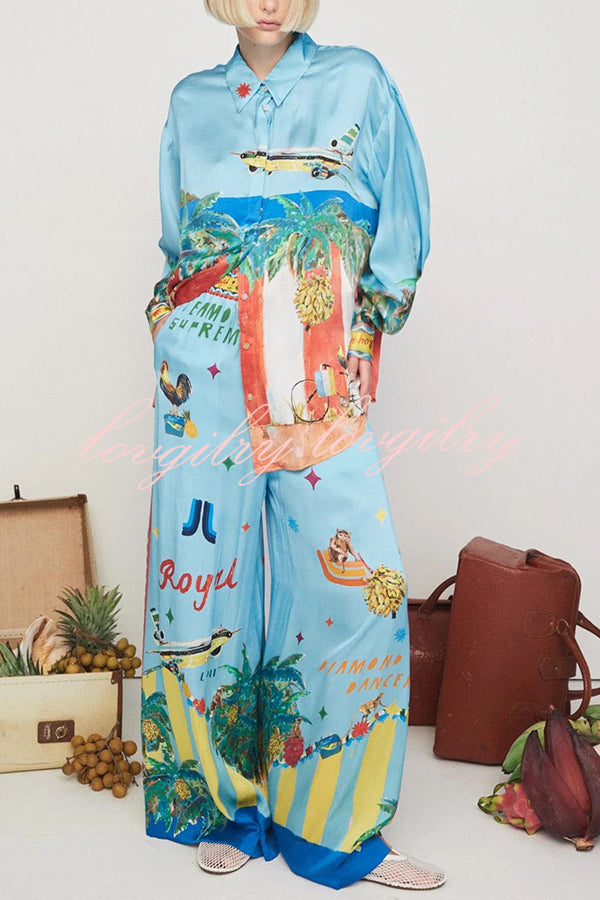 Vacation Flights Satin Unique Print Button Down Oversized Blouse