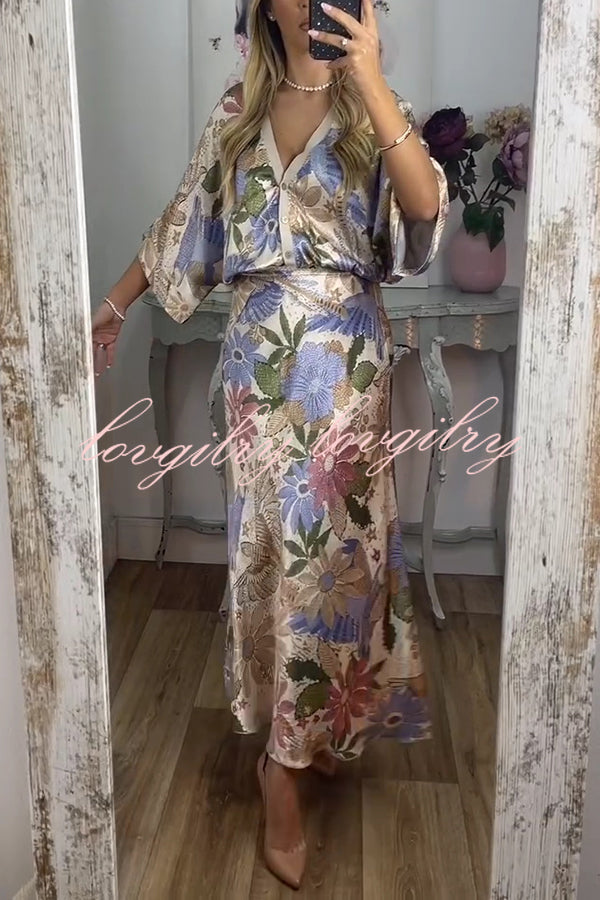 Satin Floral Print V-neck Half-sleeve Loose Top and Elegant Maxi Skirt Set