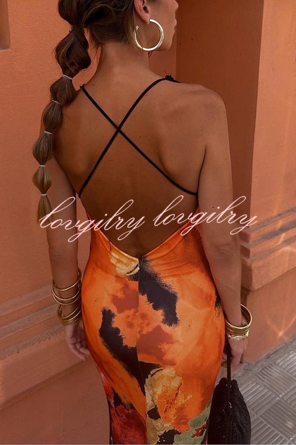 Unique Printed Sexy Lace V-neck Backless Maxi Dress