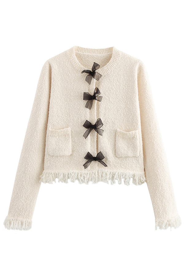 Fashion Round Neck Long Sleeve Bow-decorated Pocket Knitted Jacket