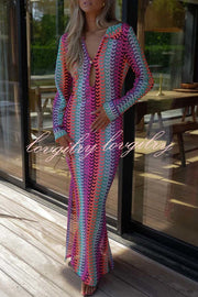 Eleanor Knit Colorful Wave Unique Print Shirt U-neck Long Sleeve Slit Maxi Dress