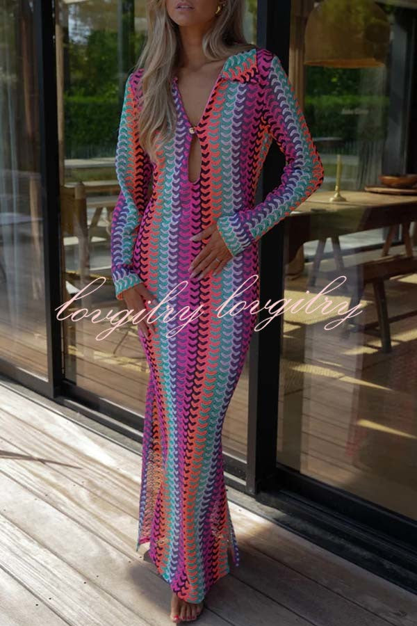 Eleanor Knit Colorful Wave Unique Print Shirt U-neck Long Sleeve Slit Maxi Dress