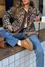 Warm Feel Colorblock Leopard Print Plush Button Up Pocketed Teddy Jacket