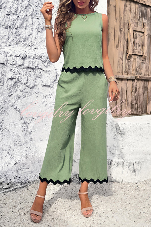 Wave Trimmed Round Neck Buttoned Elastic Waist Pants Suit