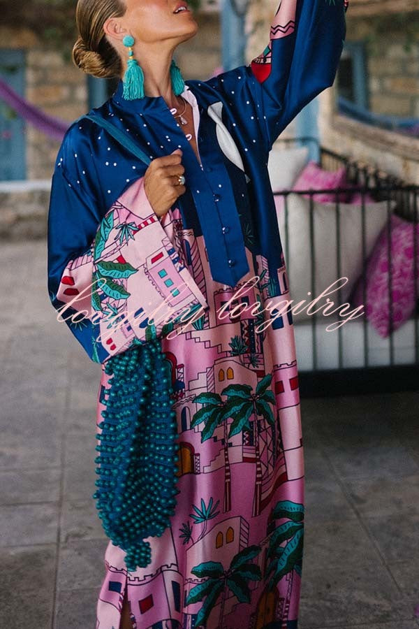 Seaside Stroll Satin Unique Print Button Up Long Sleeve Slit Kaftan Midi Dress