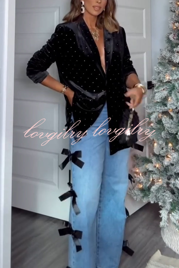 Runway Muse Denim High Rise Bow Trim Pocketed Wide Leg Jeans