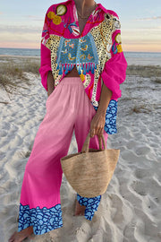Leopard Butterfly Print Oversized Shirt and Elastic Waist Pocket Pants Set