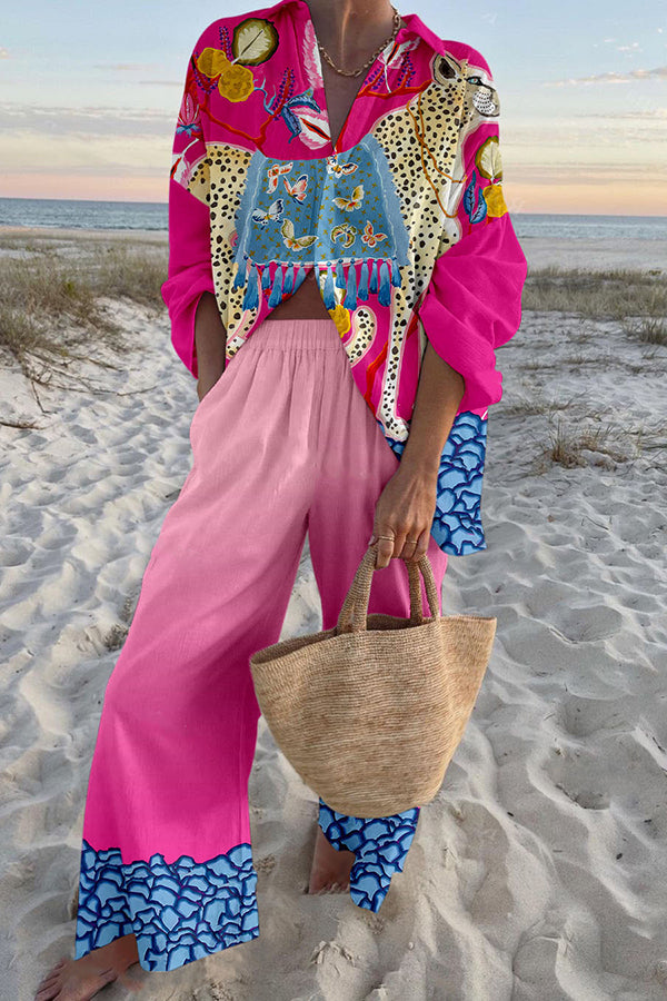 Leopard Butterfly Print Oversized Shirt and Elastic Waist Pocket Pants Set