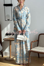 Unique Print Long-sleeved Tie Shirt and Elastic High-waist Wide-leg Pants Set