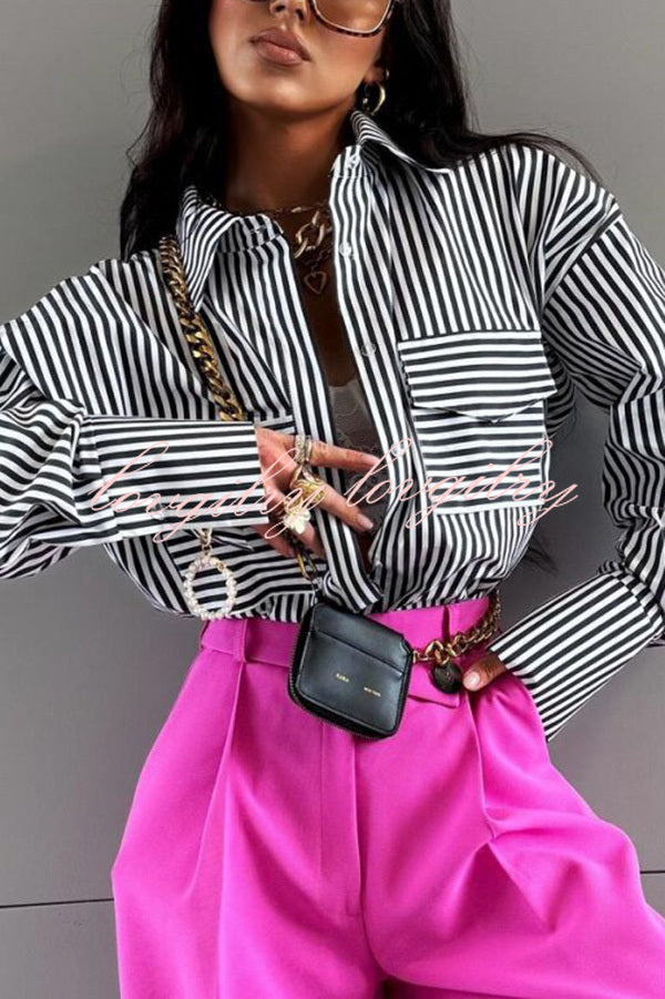 Stripe Print Lapel Long Sleeve Pocket Casual Shirt
