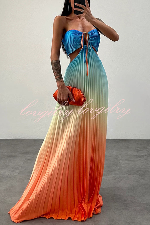 Get Ready Beautiful Gradient Print Cutout Halterneck Pleated Maxi Dress