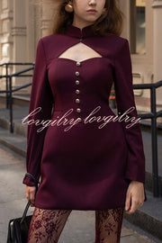 Elegant Long-sleeved Hollowed-out Button-down Slim-fit Mini Dress