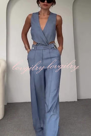 Crossover Slim Fit Sleeveless Vest and High Waisted Wide Leg Pants Set