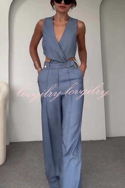 Crossover Slim Fit Sleeveless Vest and High Waisted Wide Leg Pants Set