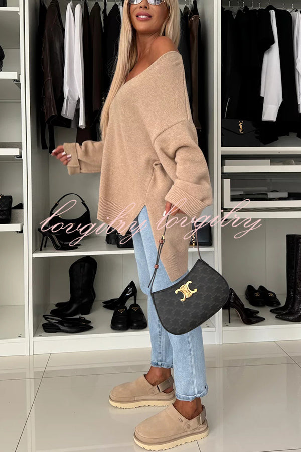 Cold Weather Knit Solid Color Long Sleeve V-neck Irregular Relaxed Sweater