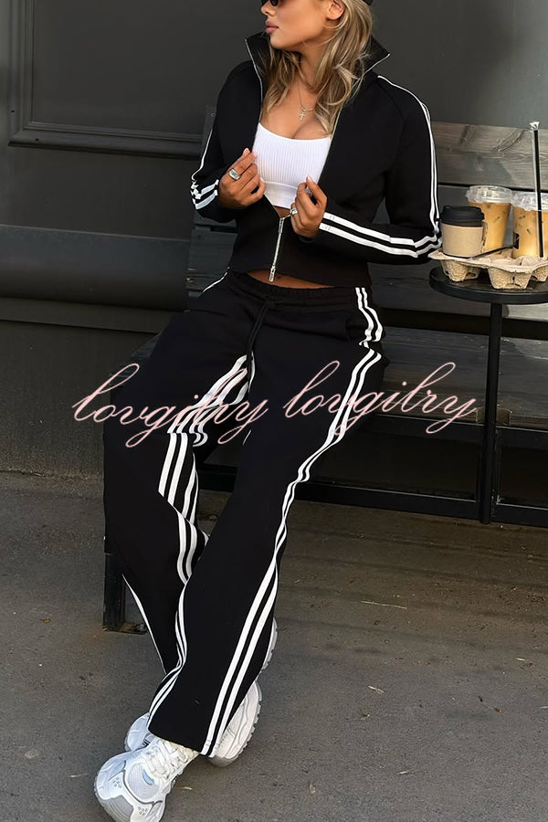 Fashionable Sports Style Striped Long-sleeved Jacket and Elastic Waist Casual Pants Set