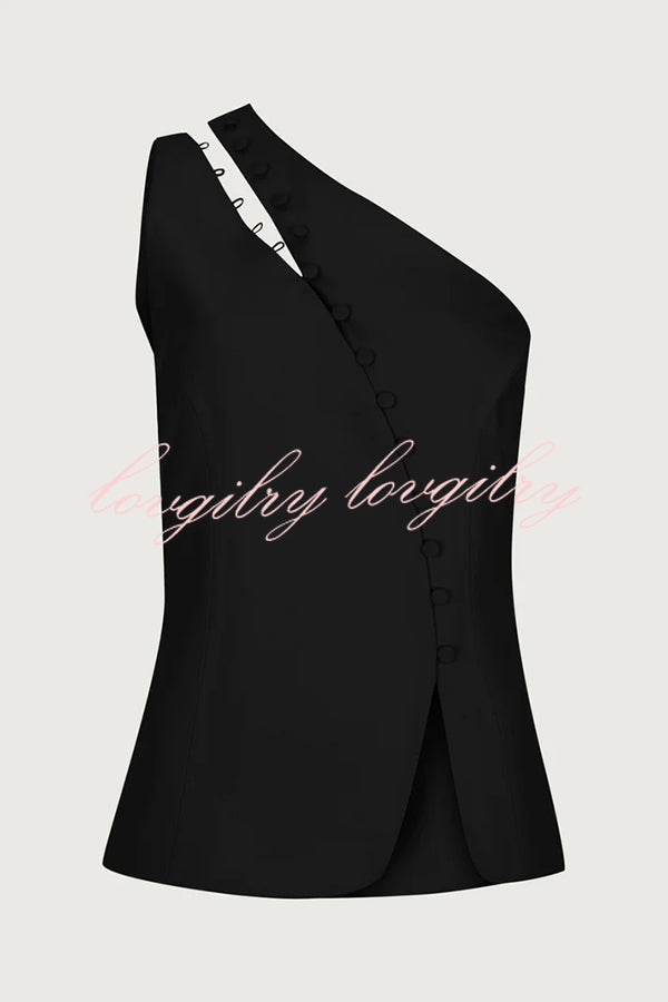 Full of Design Solid Color One Shoulder Asymmetric Slit Button Casual Vest