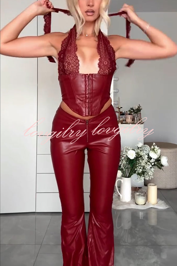 Style Challenge Stretch Faux Leather Lace Halter Tank and Zipper Waist Flare Pants Set