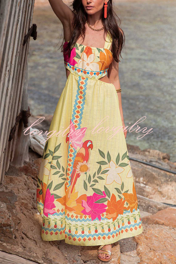 Resort Style Unique Print Sexy Square Neck Backless Waist Maxi Dress