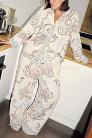 Calm Seas Line Octopus Unique Print Loose Shirt and Elastic Waist Pocketed Pajama Set