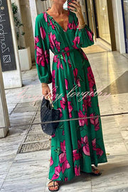 Gramercy Garden Floral Print Pocket Belted Long Sleeve Maxi Dress