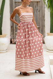 Striped Polka-dot Print Sling Pleated Open-back Maxi Dress