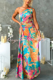 Tejano Satin One Shoulder Adjustable Tie Pleated Maxi Dress