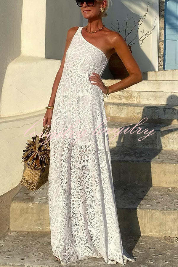 Pure Soul Unique Lace Pattern One Shoulder Slit Vacation Maxi Dress