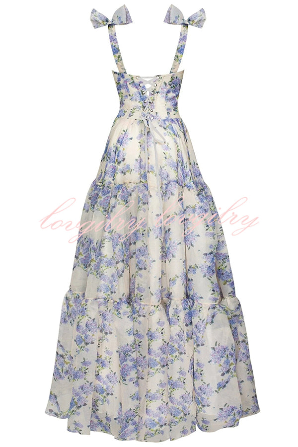 Fairytale Itself Organza Floral Print Tie Strap Maxi Dress