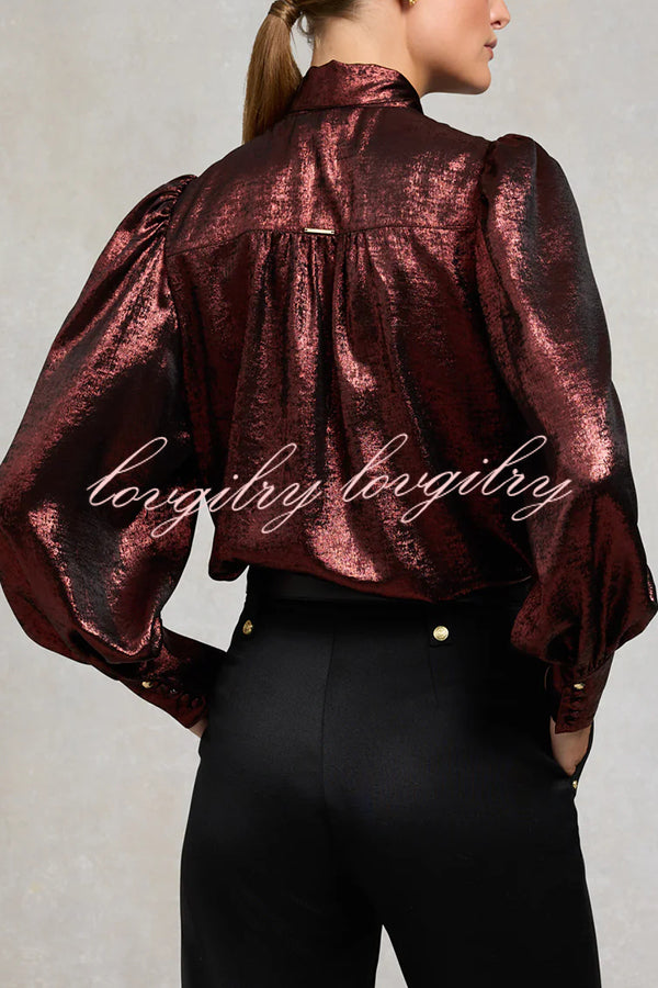 Ariella Metallic Satin Fabric Tie-up Bow Neck Long Sleeve Blouse